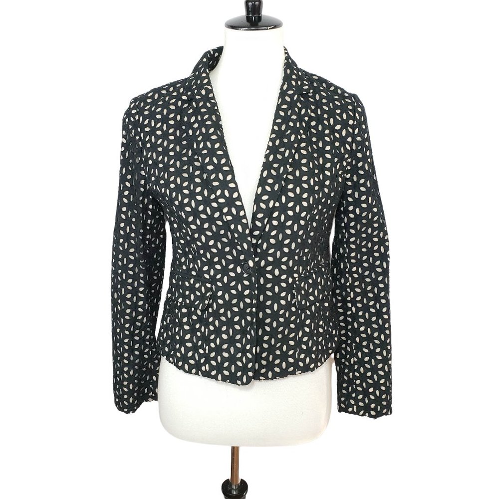 Loft Black & Cream Floral Geometric Eyelet Single Button Blazer Size 2